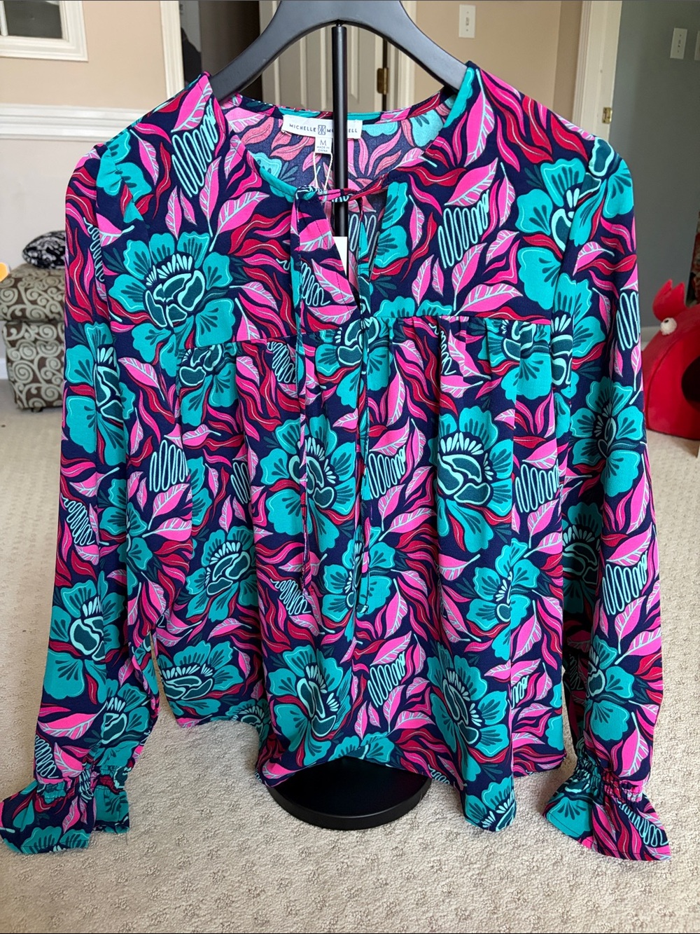 Michelle McDowell Floral Tie-Neck Blouse - Teal & Pink